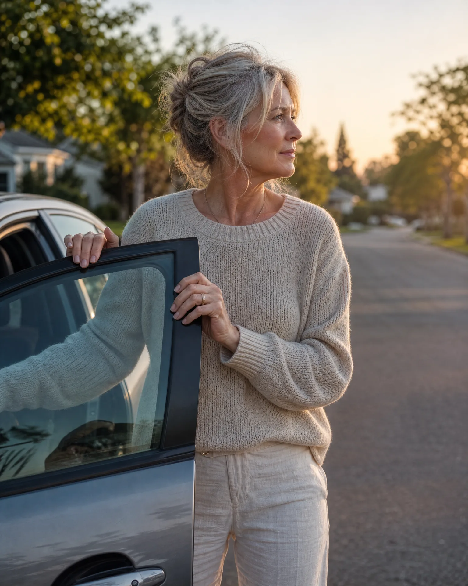 A woman with gray hair in a loose updo, wearing a cream knit sweater and light trousers, stands holding the open door of a silver car on a suburban street at sunset.