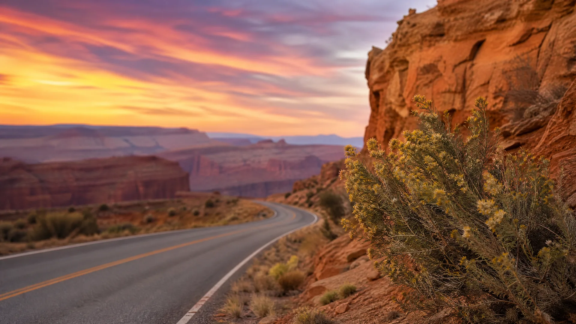 A two-lane paved road with a yellow center line curves through red rock desert terrain at sunset, with a flowering shrub and sandstone cliff in the right foreground and distant mesas under an orange and purple sky.