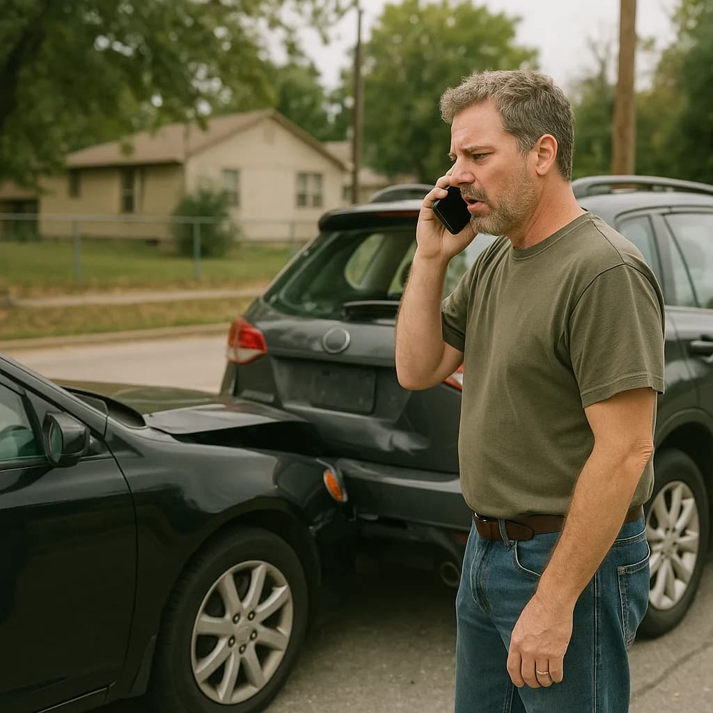 Man on phone at car accident scene with damaged vehicles in residential area