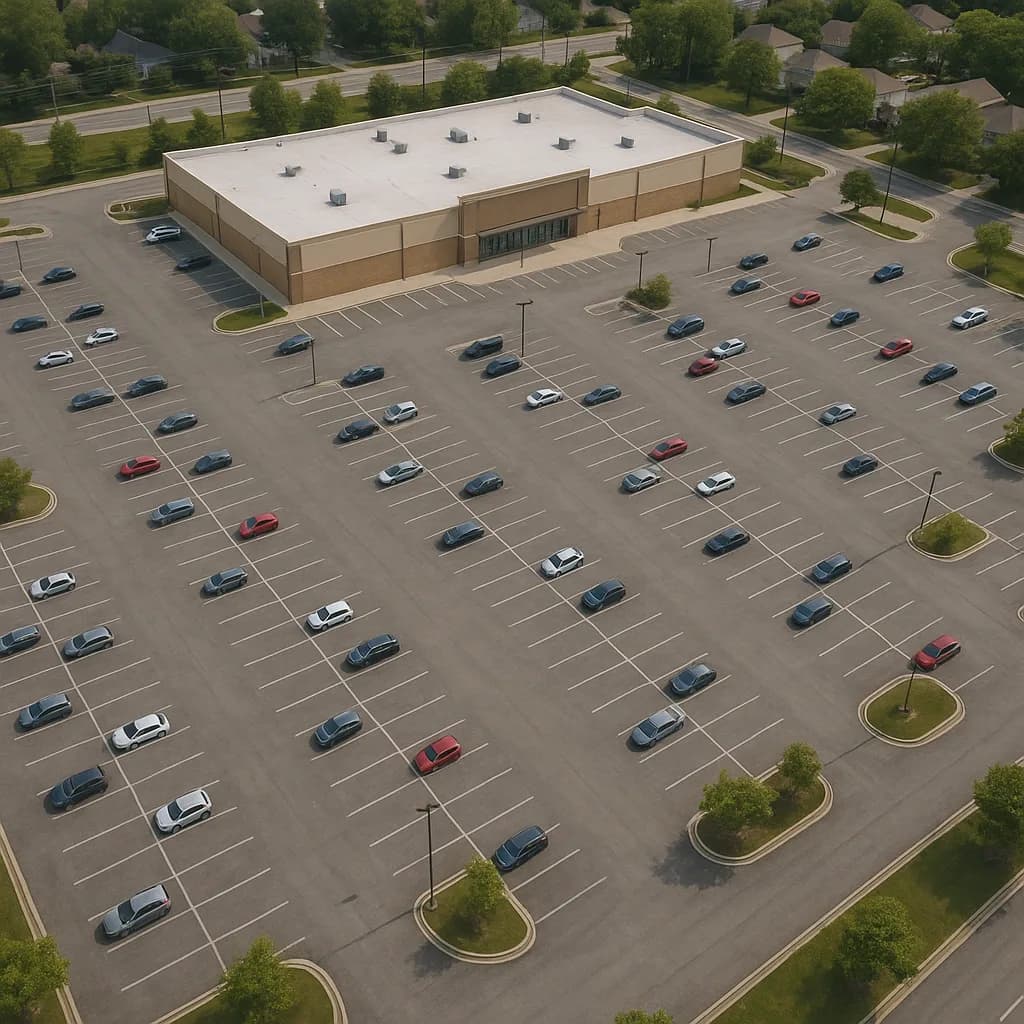 Aerial view of commercial building with parking lot partially filled with cars and landscaped islands