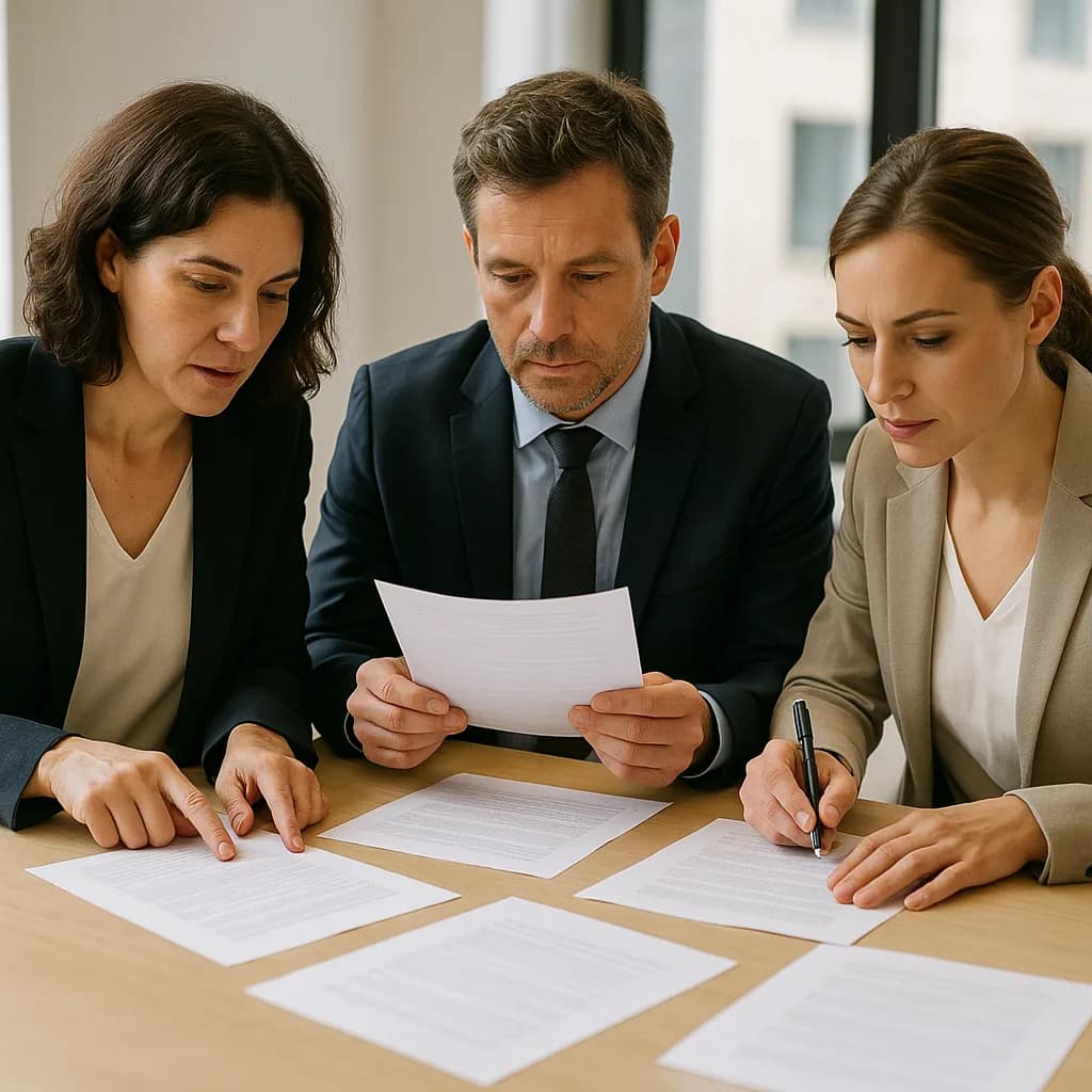 Three business professionals reviewing documents together at a conference table in an office