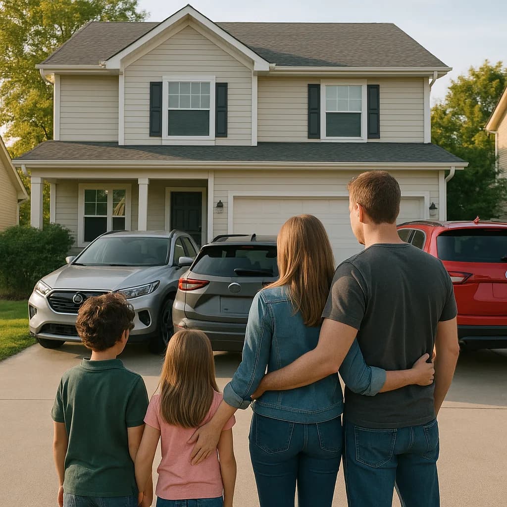 Family of four standing in driveway looking at their suburban home with three parked cars