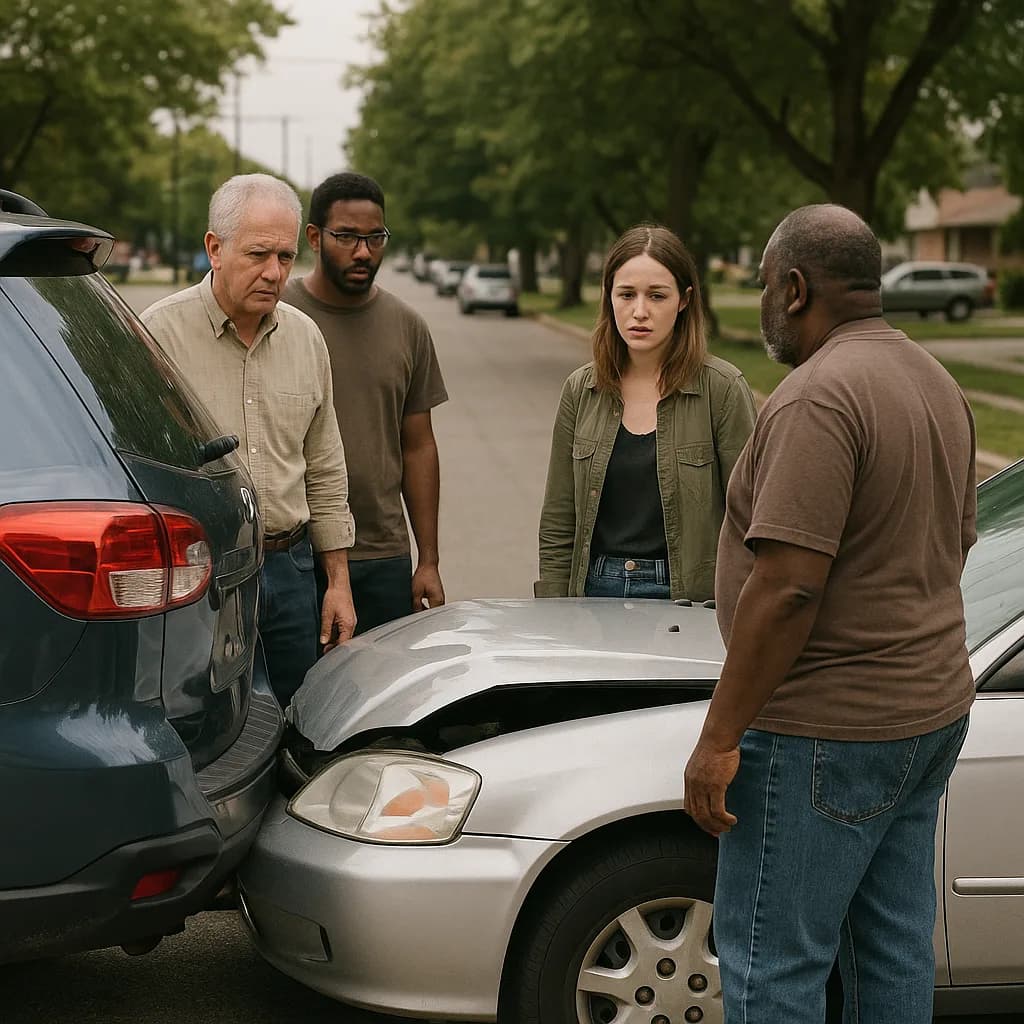 Four people examining damage from a fender bender between two cars on a suburban street