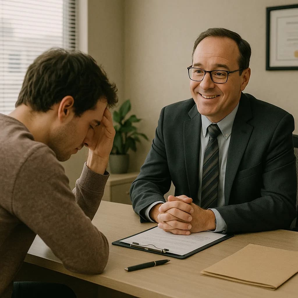 Professional counselor or advisor meeting with distressed client in office setting